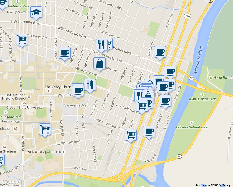 map of restaurants, bars, coffee shops, grocery stores, and more near Southwest Madison Avenue & Southwest 8th Street in Corvallis