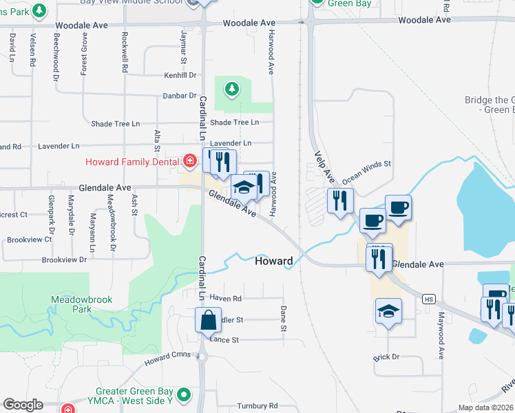 map of restaurants, bars, coffee shops, grocery stores, and more near 2532 Glendale Avenue in Green Bay