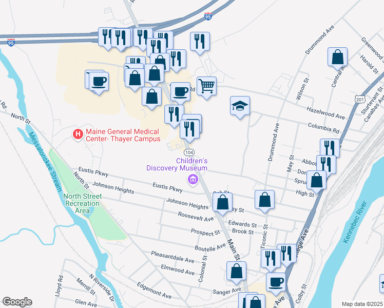 map of restaurants, bars, coffee shops, grocery stores, and more near 150 Main Street in Waterville