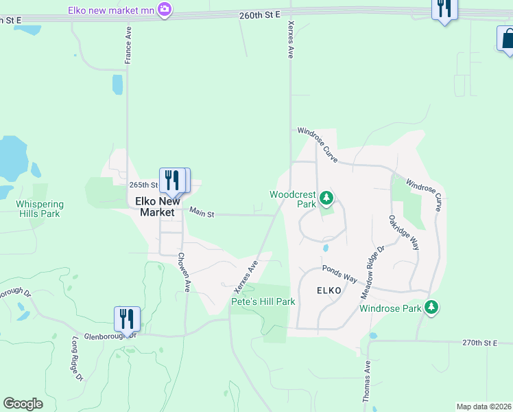 map of restaurants, bars, coffee shops, grocery stores, and more near 9850 Main Street in Elko New Market