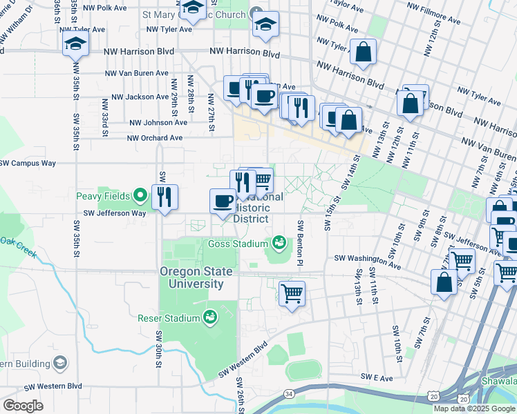 map of restaurants, bars, coffee shops, grocery stores, and more near 111 Southwest Jefferson Way in Corvallis
