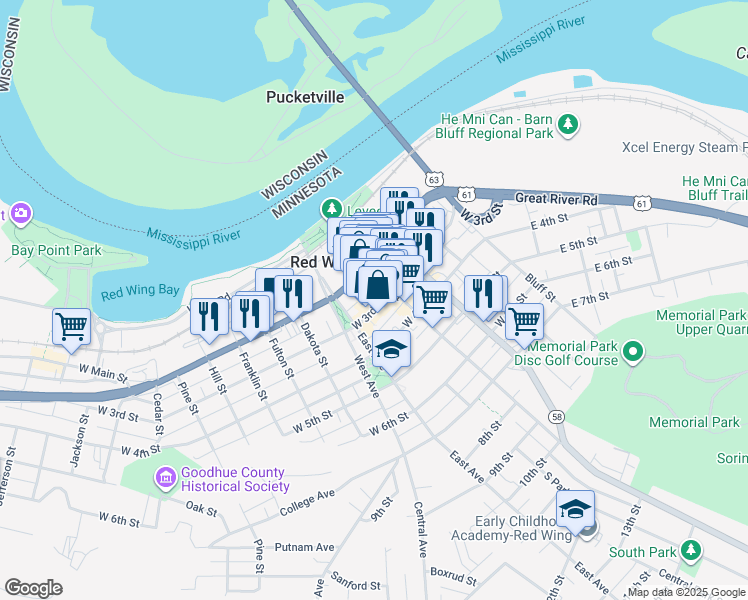 map of restaurants, bars, coffee shops, grocery stores, and more near 418 West 3rd Street in Red Wing