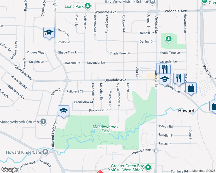 map of restaurants, bars, coffee shops, grocery stores, and more near 863 Maryann Lane in Green Bay