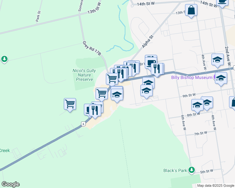 map of restaurants, bars, coffee shops, grocery stores, and more near 955 9th Avenue West in Owen Sound