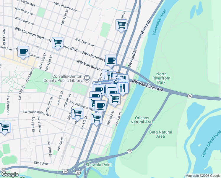 map of restaurants, bars, coffee shops, grocery stores, and more near 122 Northwest 3rd Street in Corvallis