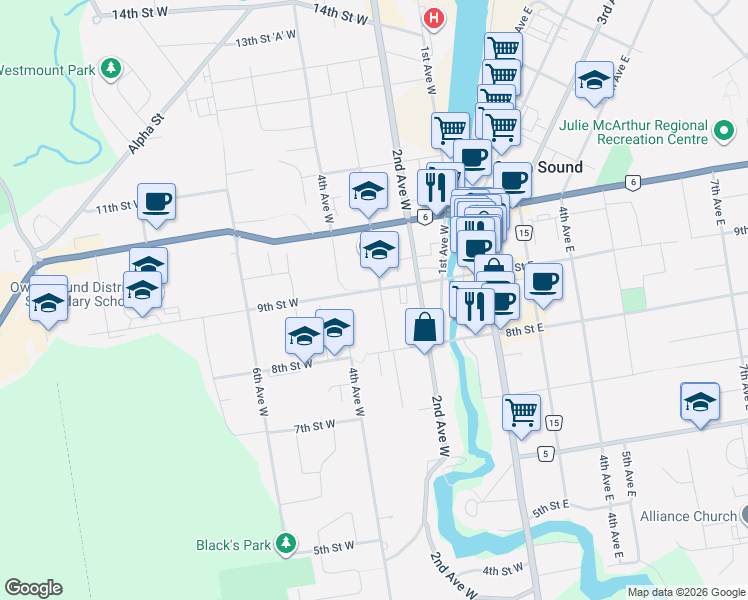 map of restaurants, bars, coffee shops, grocery stores, and more near 894 3rd Avenue West in Owen Sound