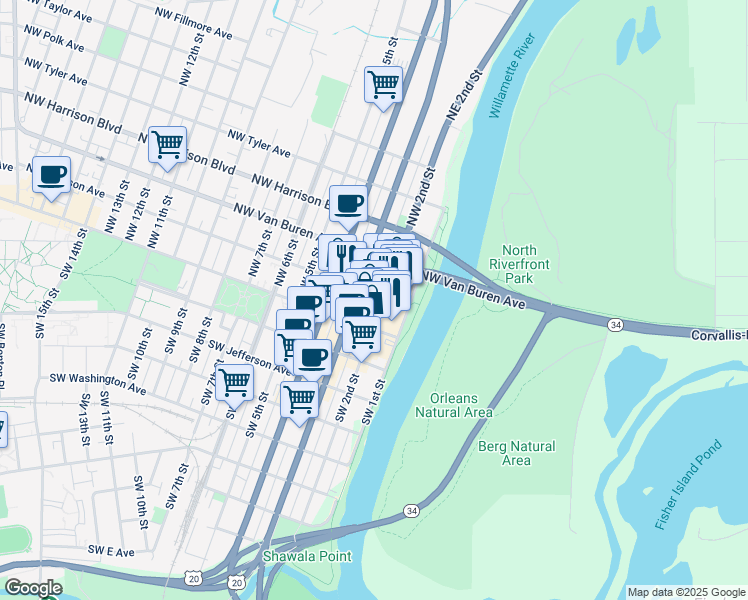 map of restaurants, bars, coffee shops, grocery stores, and more near 144 Northwest 2nd Street in Corvallis