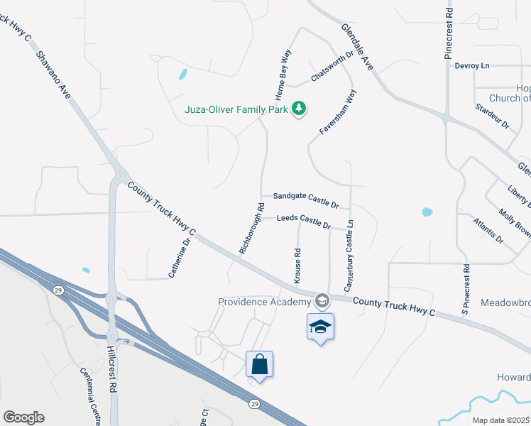 map of restaurants, bars, coffee shops, grocery stores, and more near 3534 Leeds Castle Drive in Green Bay