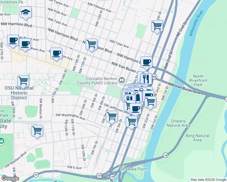 map of restaurants, bars, coffee shops, grocery stores, and more near 650 Northwest Monroe Avenue in Corvallis