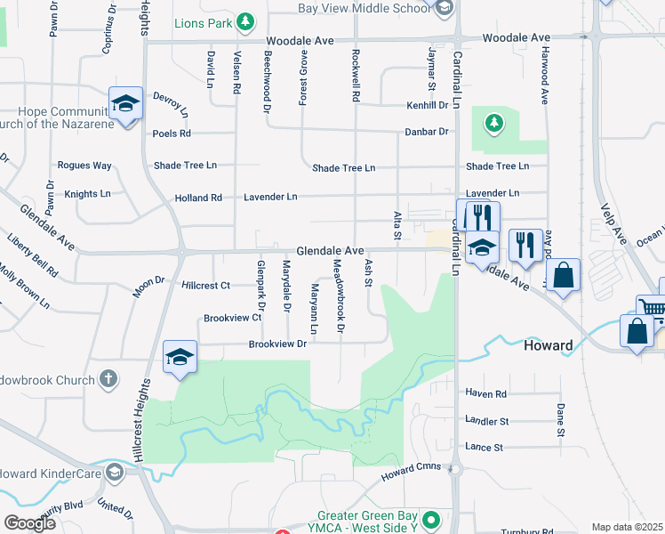 map of restaurants, bars, coffee shops, grocery stores, and more near 877 Meadowbrook Drive in Howard