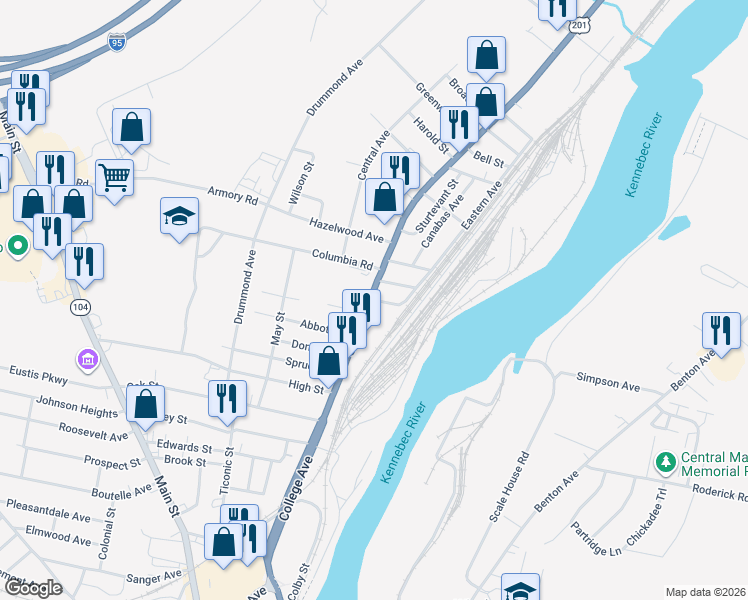 map of restaurants, bars, coffee shops, grocery stores, and more near 12 Vigue Street in Waterville