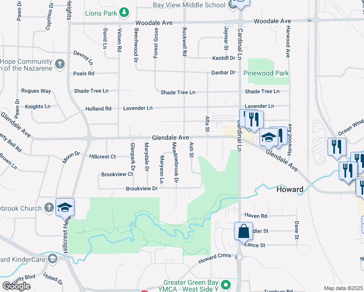 map of restaurants, bars, coffee shops, grocery stores, and more near 877 Meadowbrook Drive in Howard