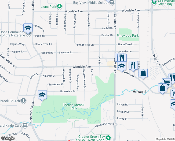map of restaurants, bars, coffee shops, grocery stores, and more near 877 Meadowbrook Drive in Howard