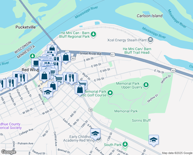 map of restaurants, bars, coffee shops, grocery stores, and more near 122 East 7th Street in Red Wing