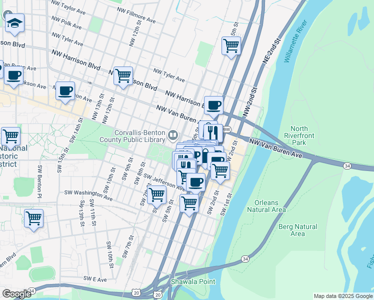map of restaurants, bars, coffee shops, grocery stores, and more near in Corvallis