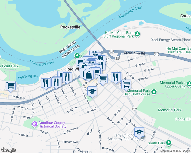 map of restaurants, bars, coffee shops, grocery stores, and more near 309 Bush Street in Red Wing