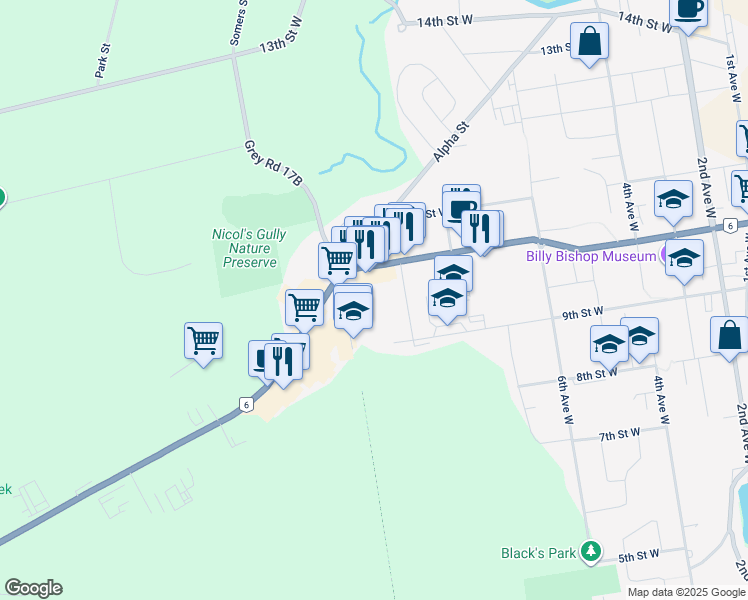 map of restaurants, bars, coffee shops, grocery stores, and more near 978 8th Avenue West in Owen Sound