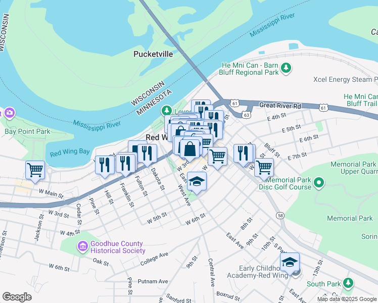 map of restaurants, bars, coffee shops, grocery stores, and more near 418 West 3rd Street in Red Wing