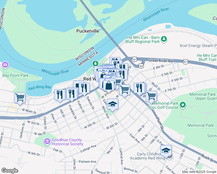 map of restaurants, bars, coffee shops, grocery stores, and more near 222 Bush Street in Red Wing