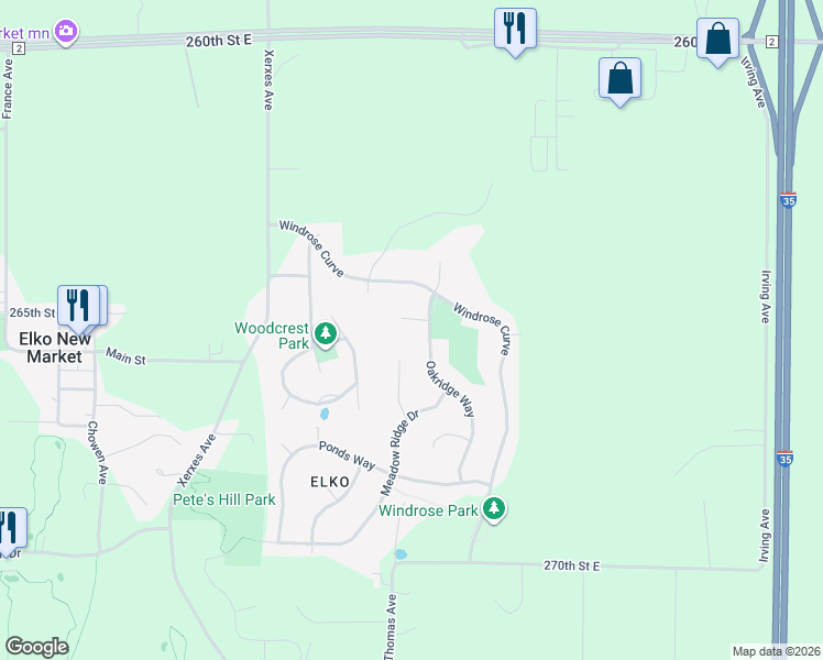 map of restaurants, bars, coffee shops, grocery stores, and more near 10261 Meadow Road in Elko New Market