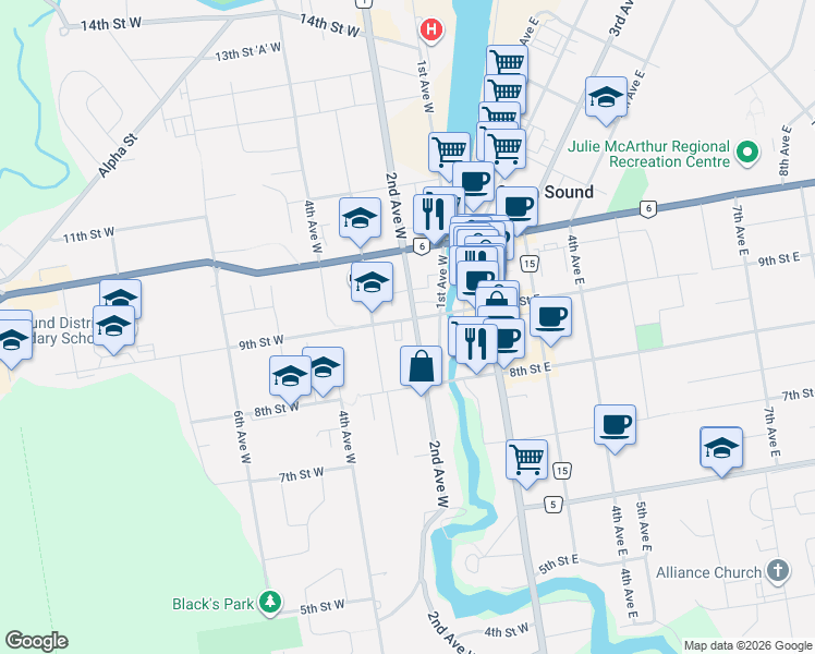 map of restaurants, bars, coffee shops, grocery stores, and more near 900 2nd Avenue West in Owen Sound