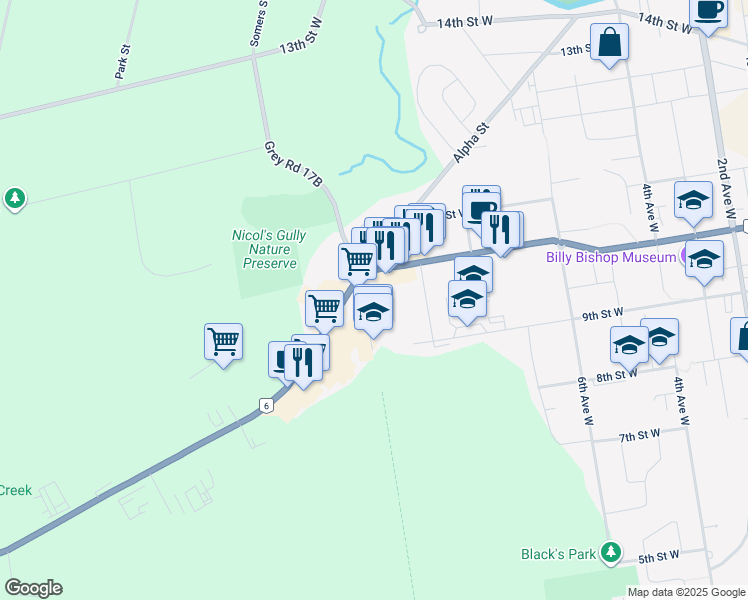 map of restaurants, bars, coffee shops, grocery stores, and more near 975 9th Avenue West in Owen Sound
