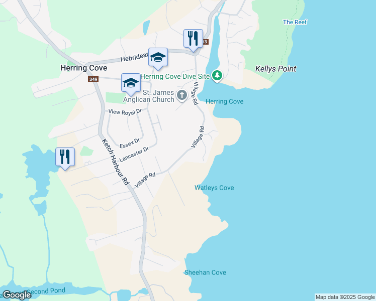 map of restaurants, bars, coffee shops, grocery stores, and more near Village Road in Herring Cove