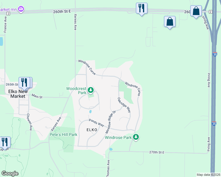 map of restaurants, bars, coffee shops, grocery stores, and more near 10261 Meadow Road in Elko New Market