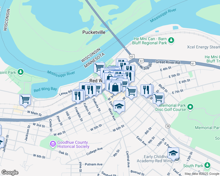 map of restaurants, bars, coffee shops, grocery stores, and more near 418 West 3rd Street in Red Wing