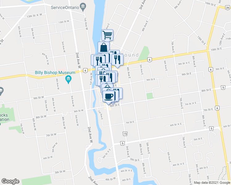 map of restaurants, bars, coffee shops, grocery stores, and more near 870 3rd Avenue East in Owen Sound