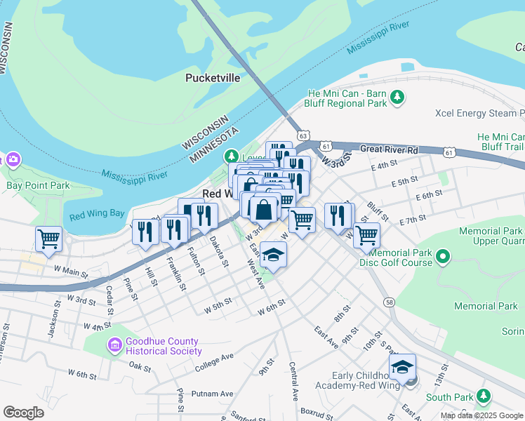 map of restaurants, bars, coffee shops, grocery stores, and more near 418 West 3rd Street in Red Wing