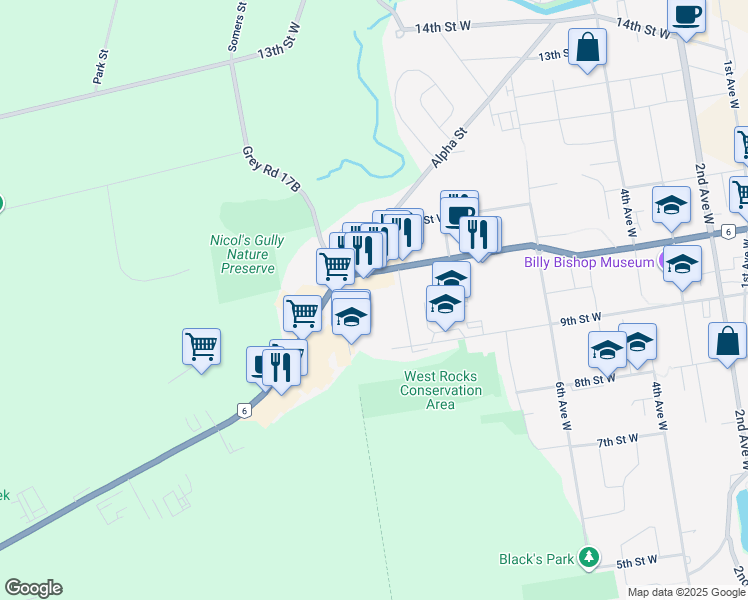 map of restaurants, bars, coffee shops, grocery stores, and more near 955 9th Avenue West in Owen Sound