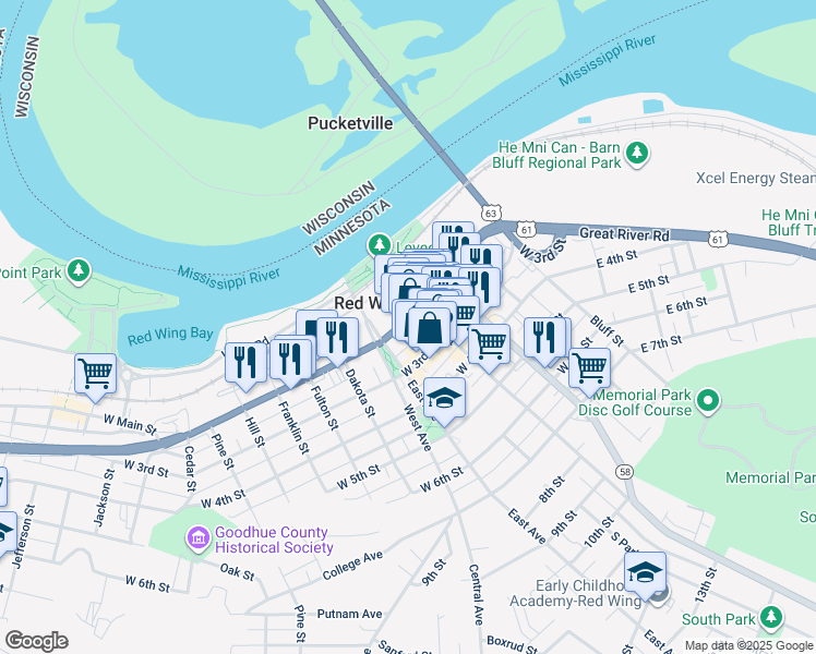 map of restaurants, bars, coffee shops, grocery stores, and more near 418 West 3rd Street in Red Wing