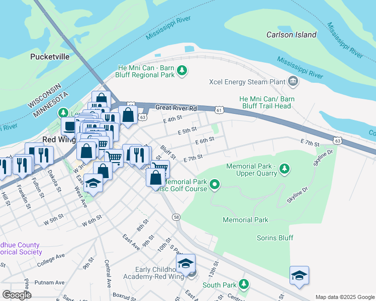 map of restaurants, bars, coffee shops, grocery stores, and more near 122 East 7th Street in Red Wing