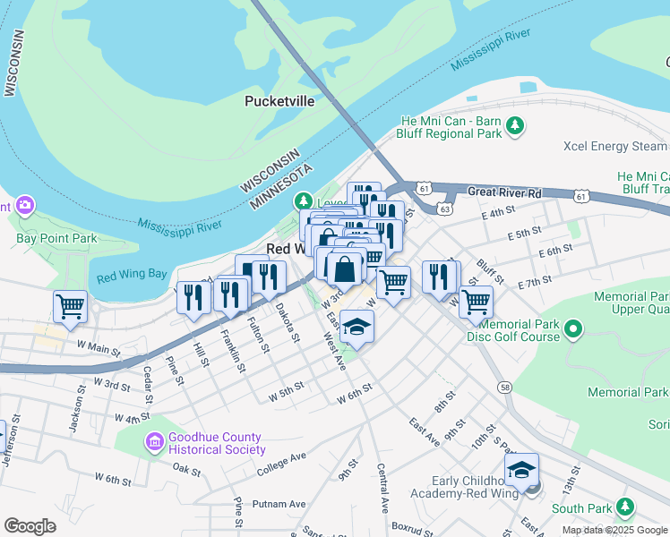 map of restaurants, bars, coffee shops, grocery stores, and more near 405 Main Street in Red Wing