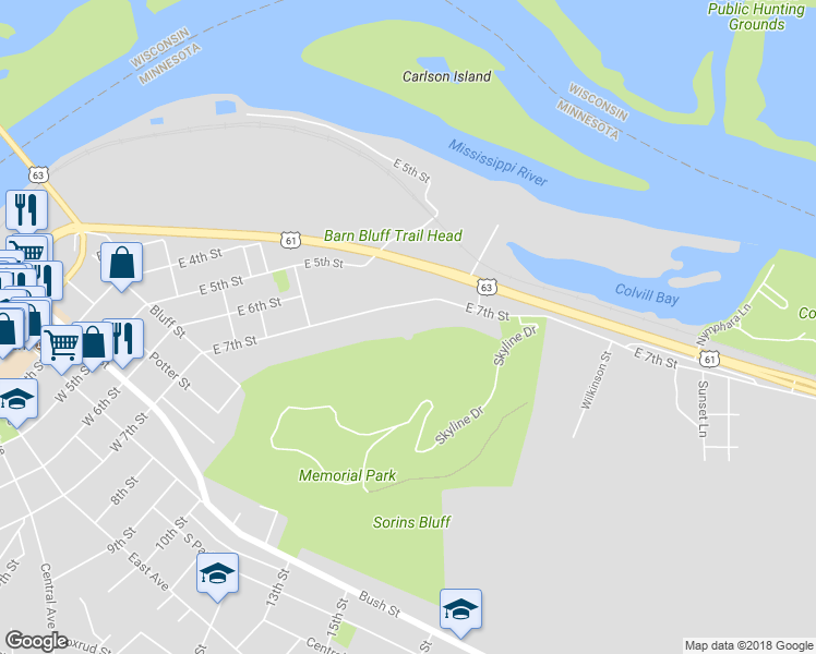 map of restaurants, bars, coffee shops, grocery stores, and more near 497 East 7th Street in Red Wing