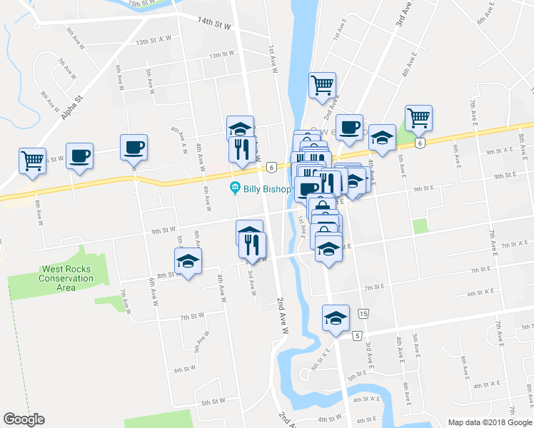 map of restaurants, bars, coffee shops, grocery stores, and more near 9th Street West in Owen Sound