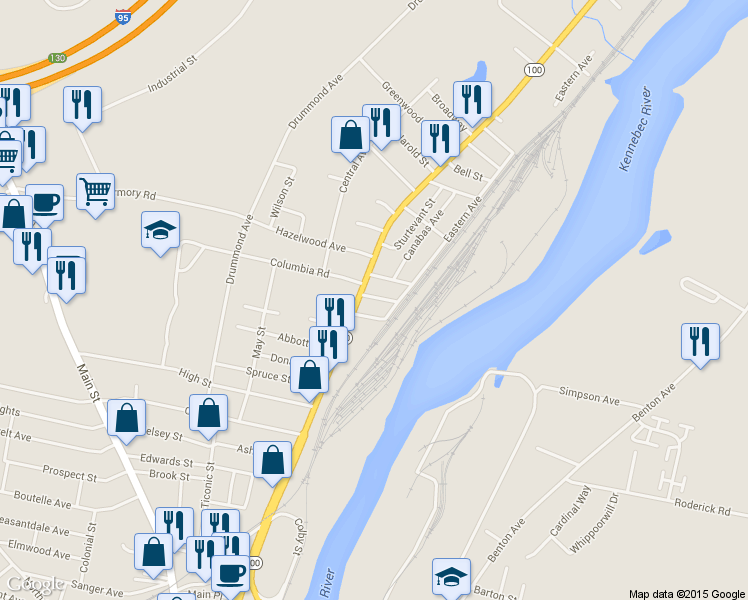 map of restaurants, bars, coffee shops, grocery stores, and more near 5 Linden Street in Waterville