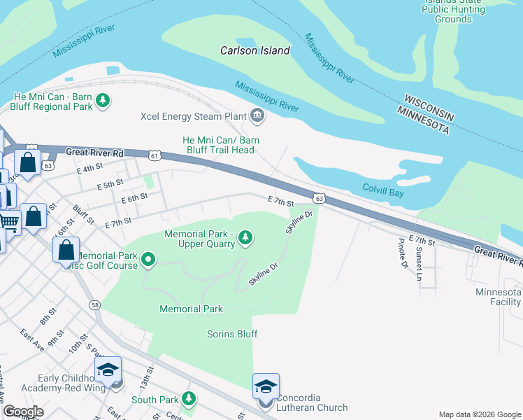 map of restaurants, bars, coffee shops, grocery stores, and more near 559 East 7th Street in Red Wing