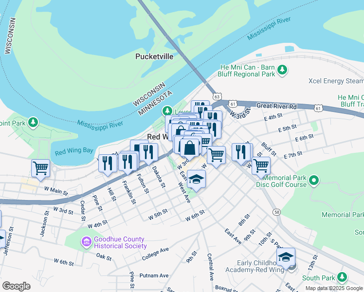 map of restaurants, bars, coffee shops, grocery stores, and more near 418 West 3rd Street in Red Wing