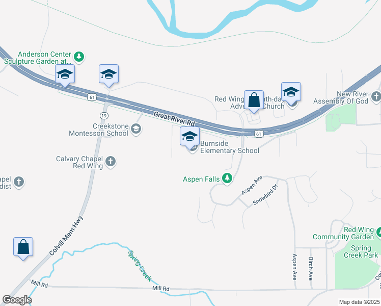 map of restaurants, bars, coffee shops, grocery stores, and more near 5001 Learning Lane in Red Wing