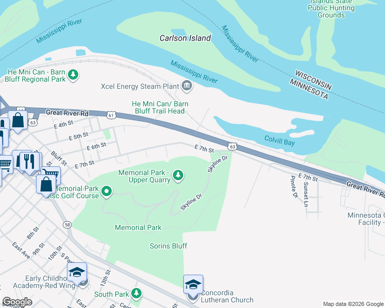 map of restaurants, bars, coffee shops, grocery stores, and more near 559 East 7th Street in Red Wing