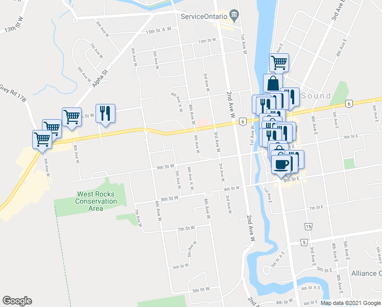 map of restaurants, bars, coffee shops, grocery stores, and more near 926 4th Avenue West in Owen Sound