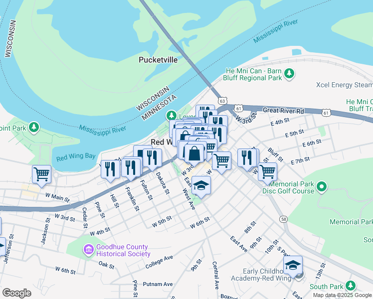 map of restaurants, bars, coffee shops, grocery stores, and more near 418 West 3rd Street in Red Wing