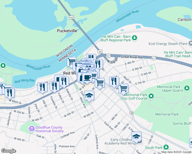 map of restaurants, bars, coffee shops, grocery stores, and more near 310 1/2 Plum Street in Red Wing