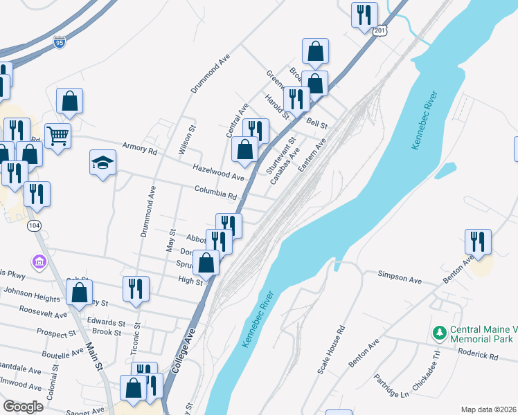 map of restaurants, bars, coffee shops, grocery stores, and more near 12 Vigue Street in Waterville