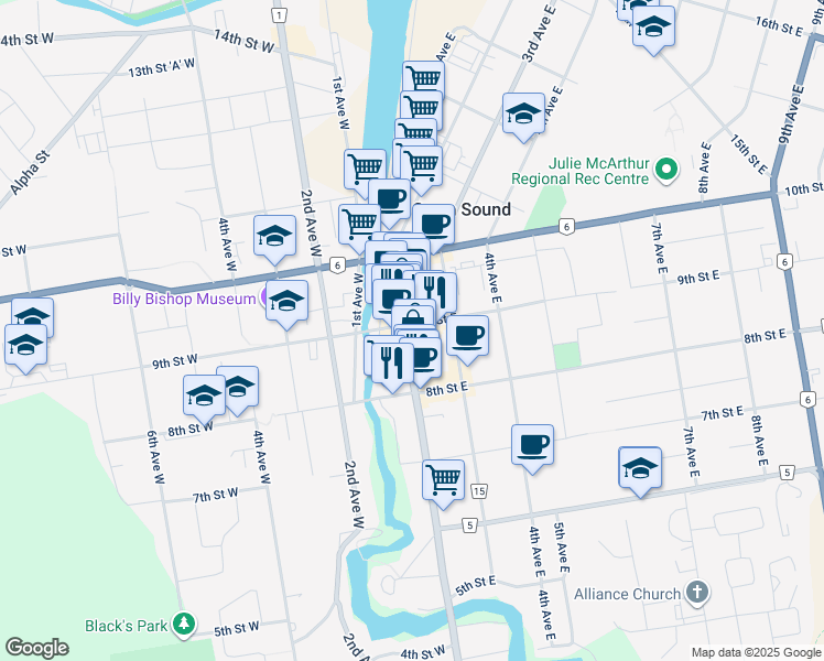 map of restaurants, bars, coffee shops, grocery stores, and more near 876 2nd Avenue East in Owen Sound
