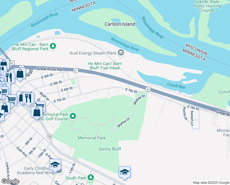 map of restaurants, bars, coffee shops, grocery stores, and more near 497 East 7th Street in Red Wing