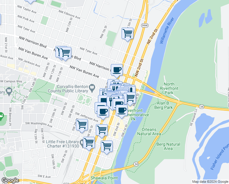 map of restaurants, bars, coffee shops, grocery stores, and more near 122 Northwest 3rd Street in Corvallis