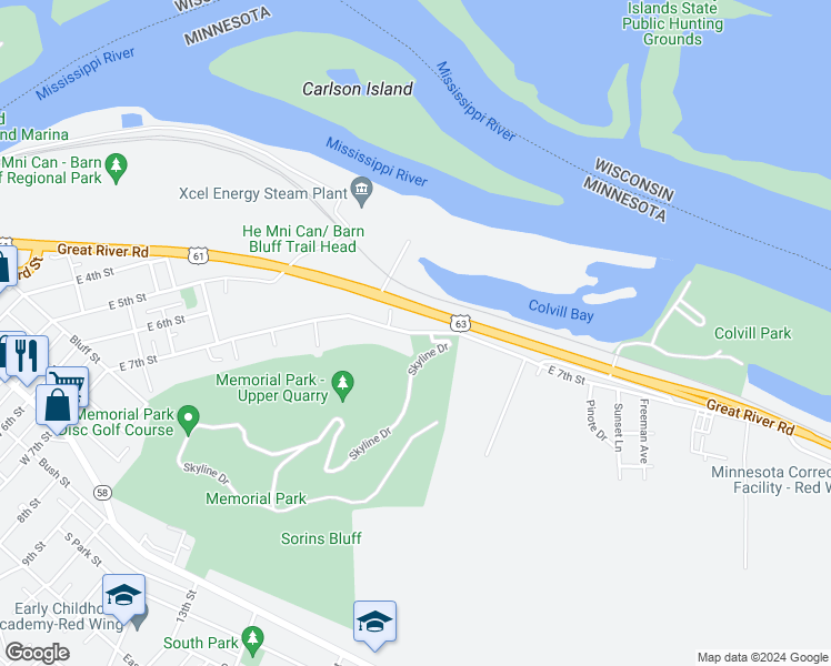map of restaurants, bars, coffee shops, grocery stores, and more near East 7th Street in Red Wing